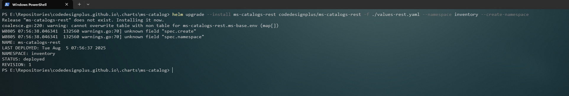 Instalando el Helm chart de ms-catalogs-rest