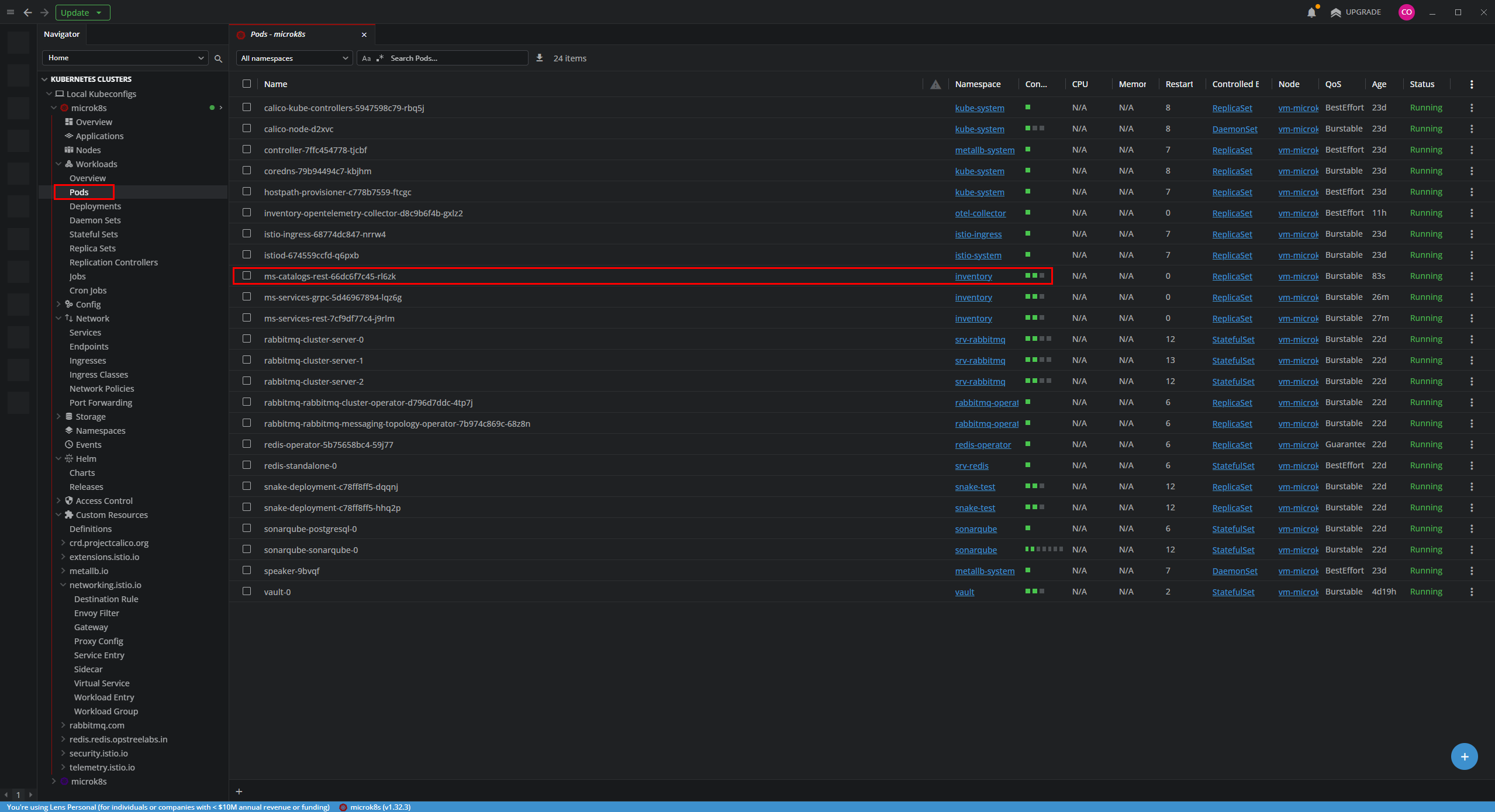 Verificando el pod de ms-catalogs en Lens