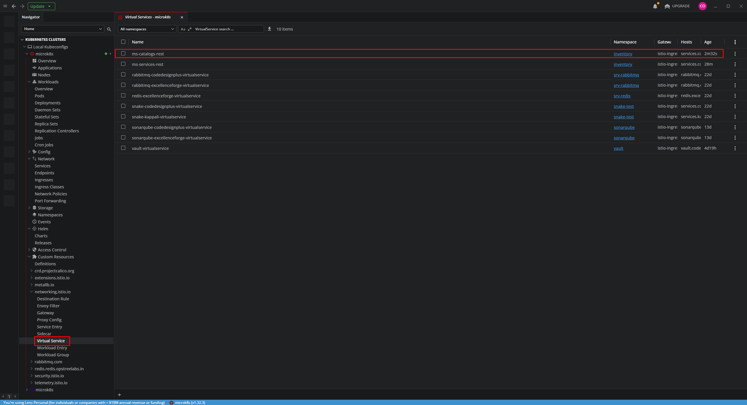 Verificando el VirtualService de ms-catalogs en Lens