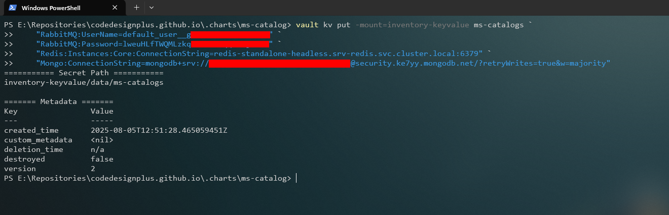 Creando los secretos para ms-catalogs en Vault