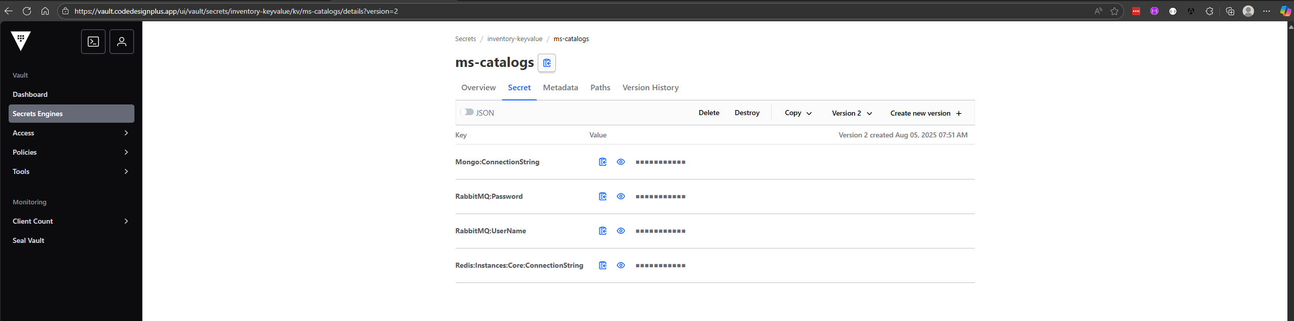 Verificando los secretos de ms-catalogs en la UI de Vault