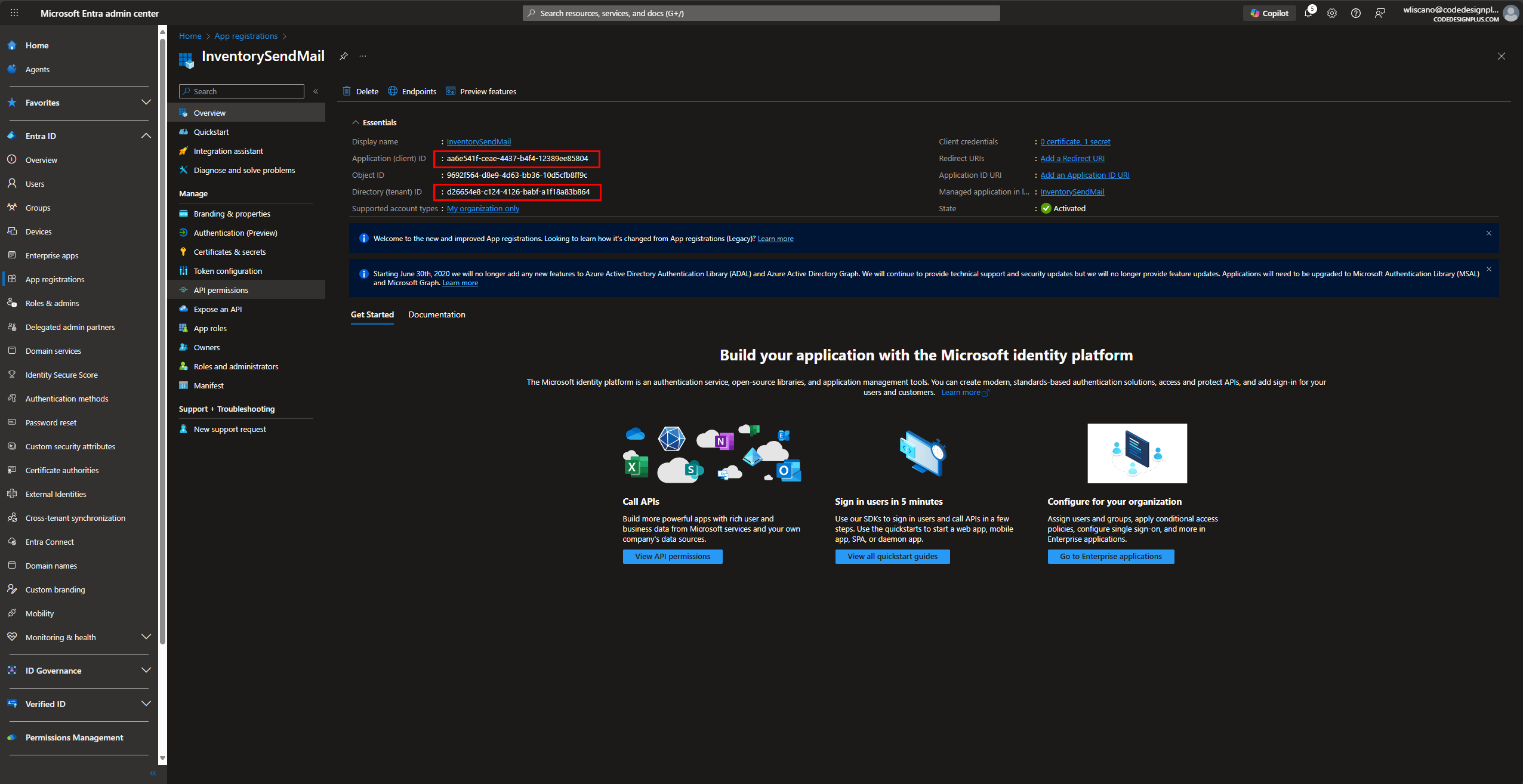 Panel de control de la nueva aplicación InventorySendMail