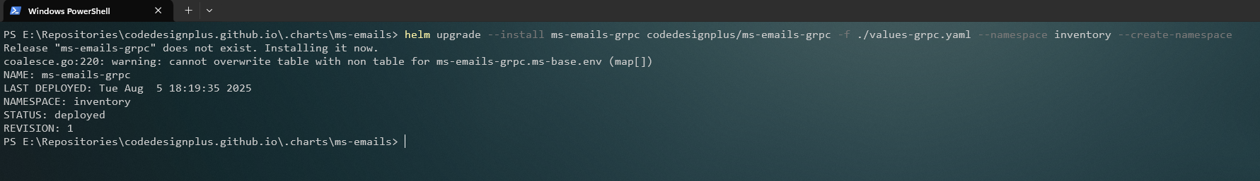 Instalando el Helm chart de ms-emails-grpc