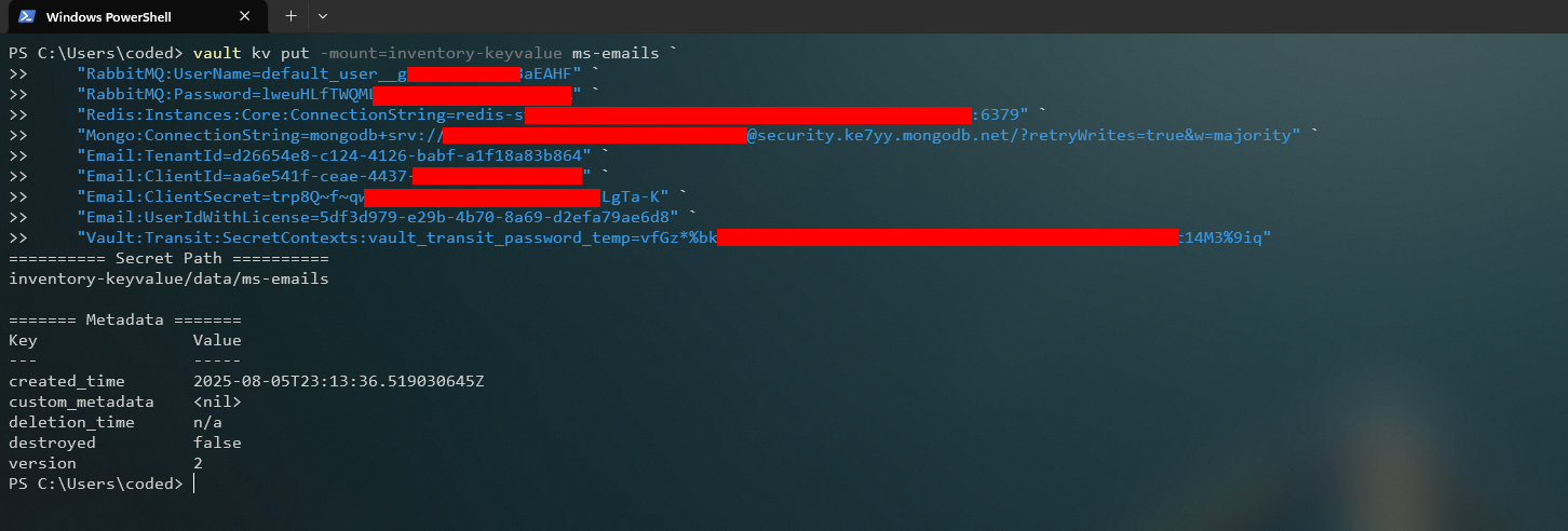 Comando para guardar los secretos de ms-emails en Vault