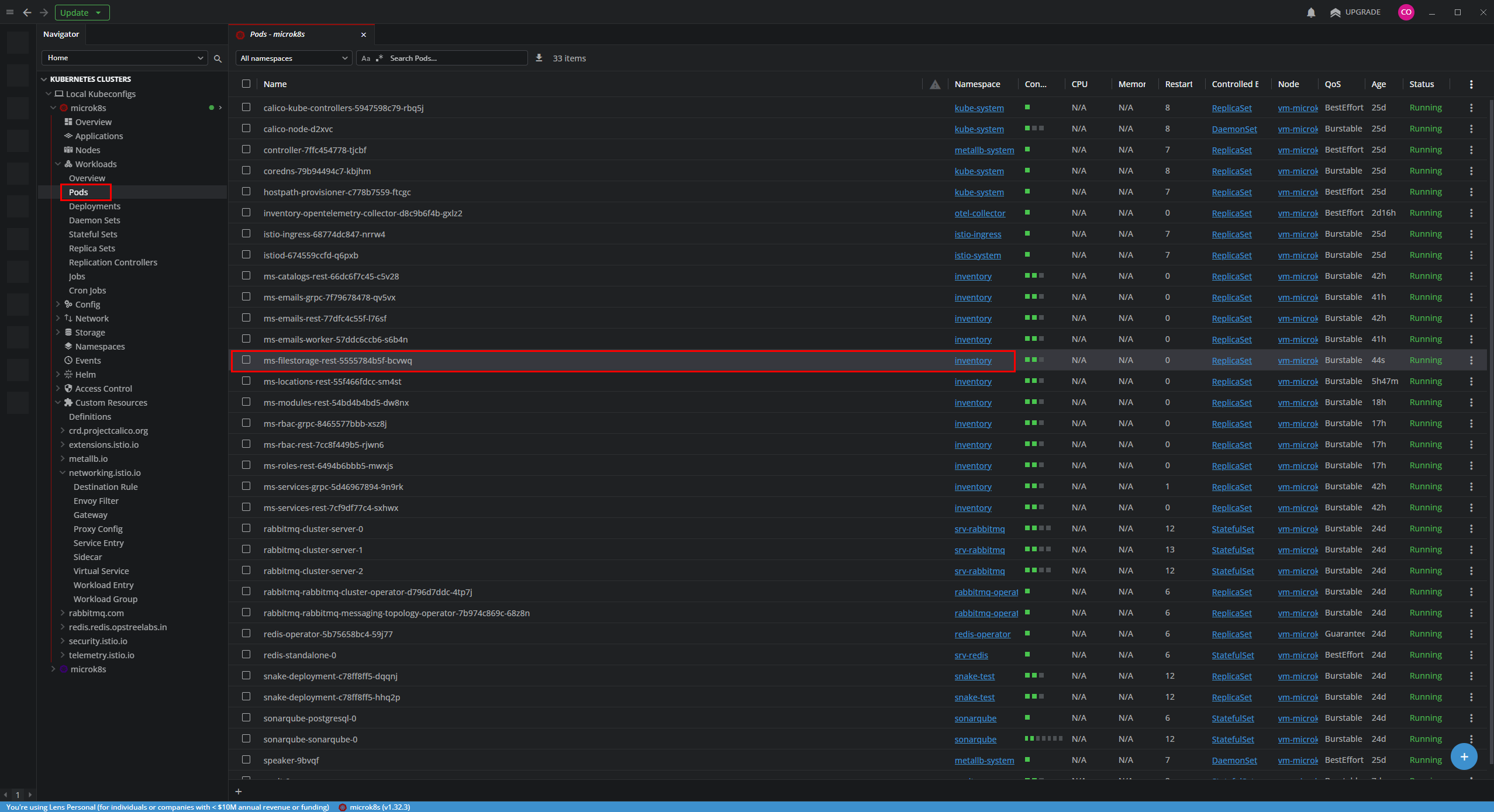 Verificando el pod de ms-filestorage en Lens