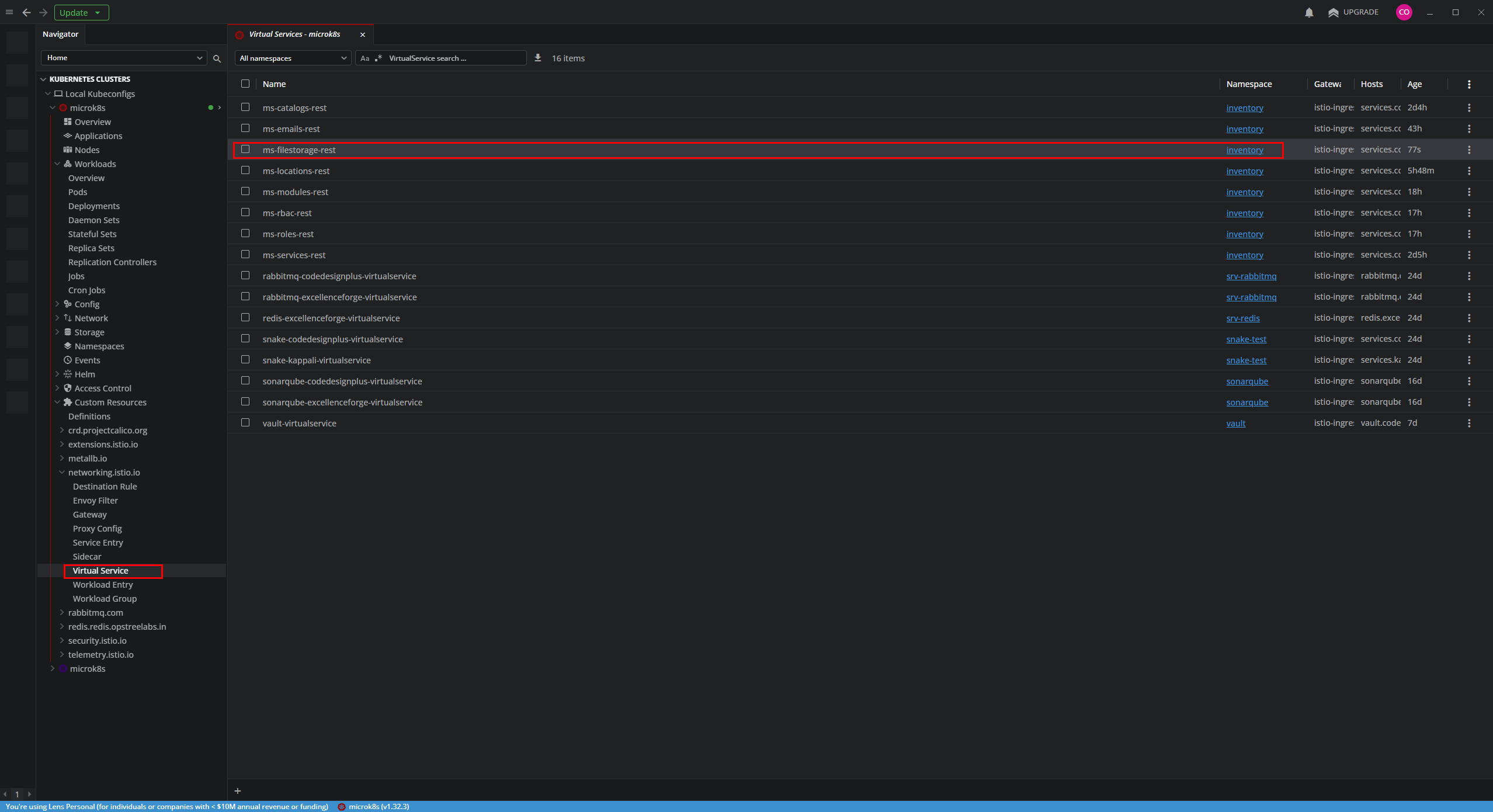 Verificando el VirtualService de ms-filestorage en Lens