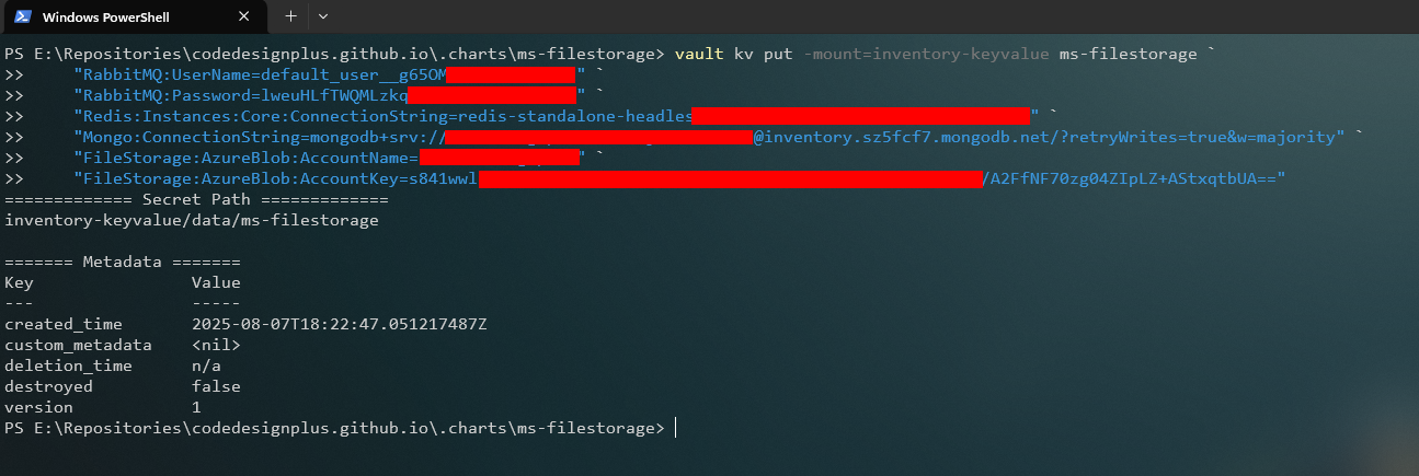 Creando los secretos para ms-filestorage en Vault