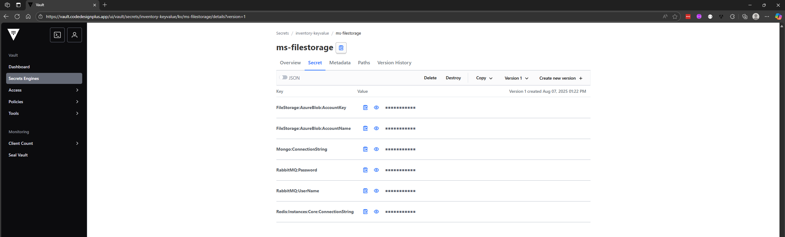 Verificando los secretos de ms-filestorage en la UI de Vault