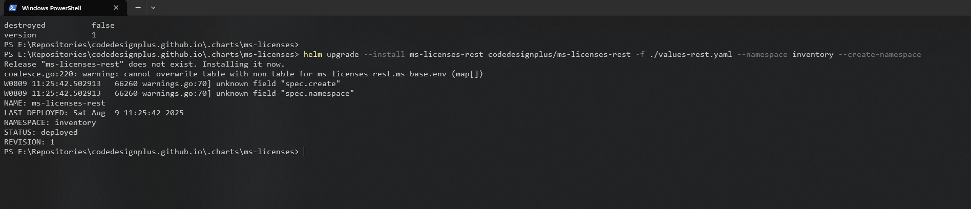 Instalando el Helm chart de ms-licenses-rest