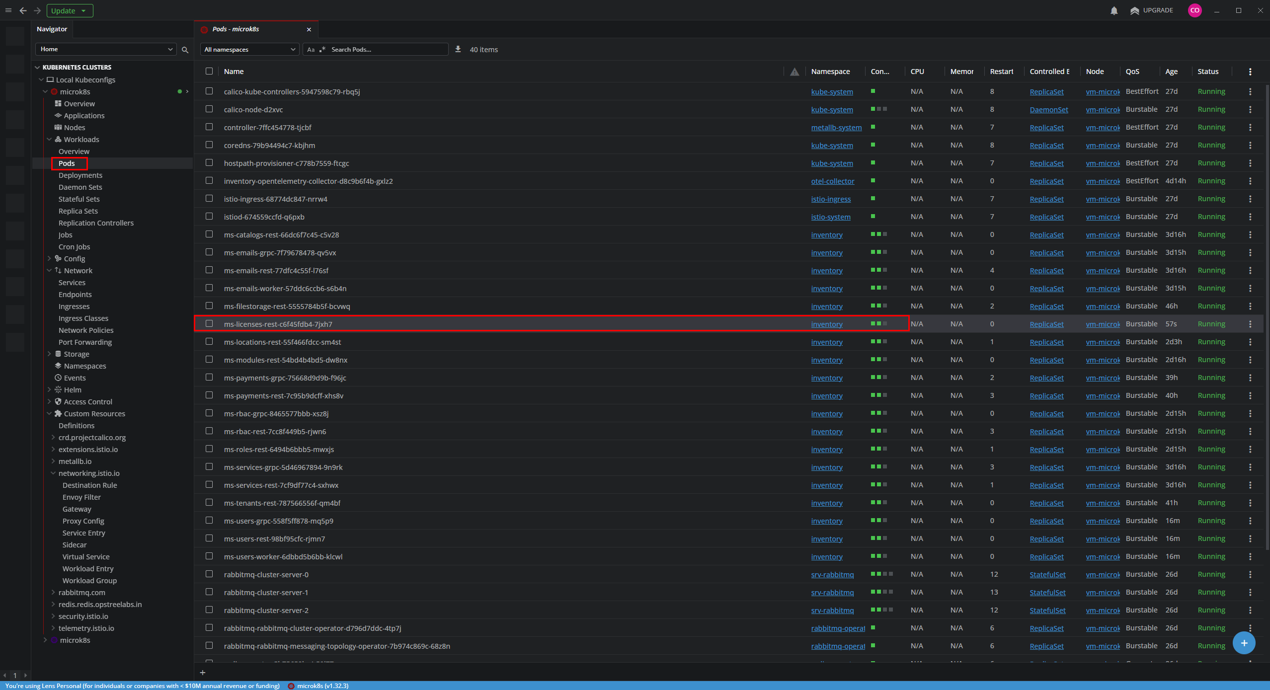 Verificando el pod de ms-licenses en Lens
