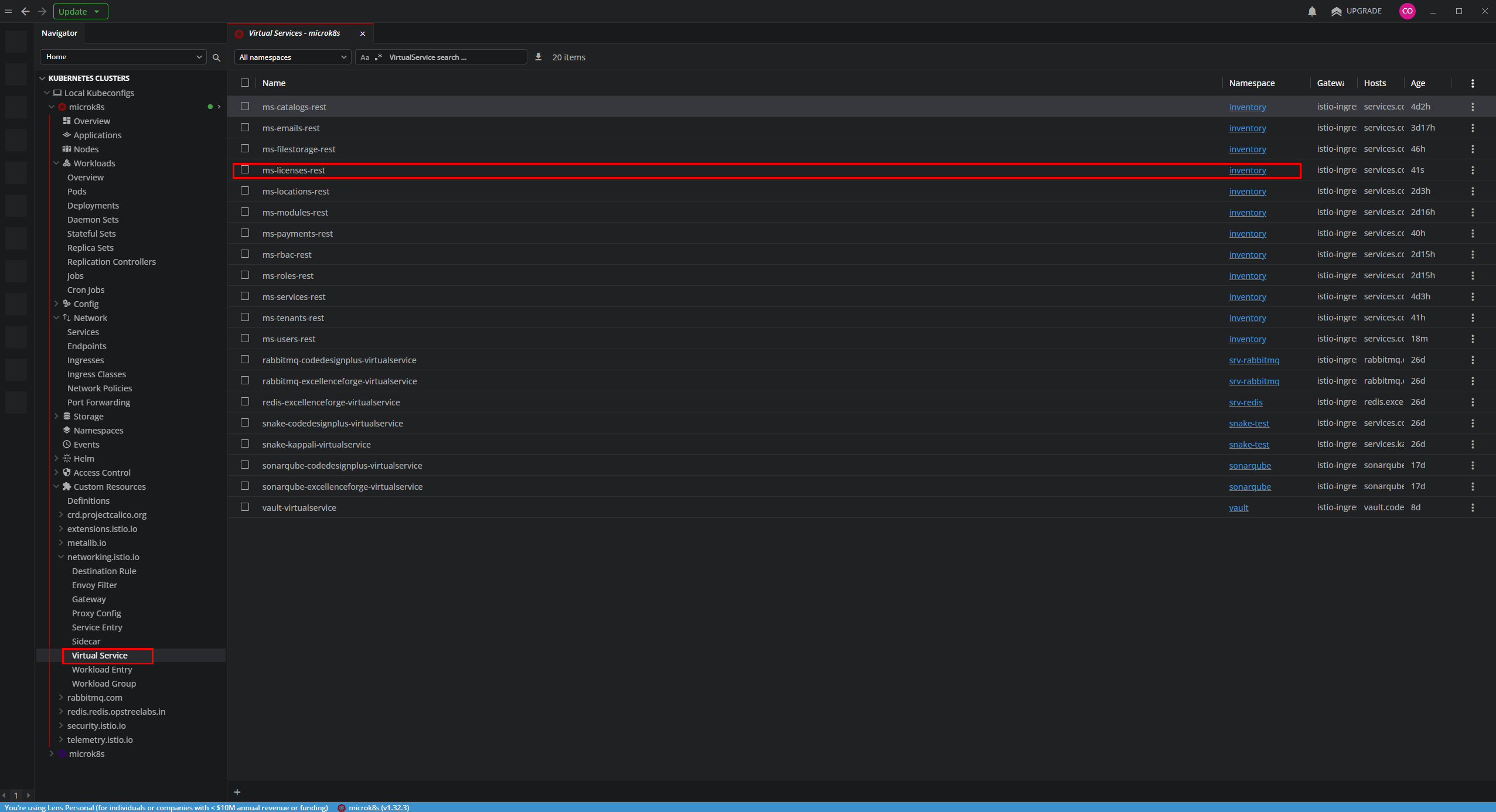 Verificando el VirtualService de ms-licenses en Lens