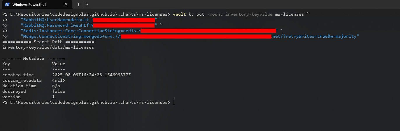 Creando los secretos para ms-licenses en Vault