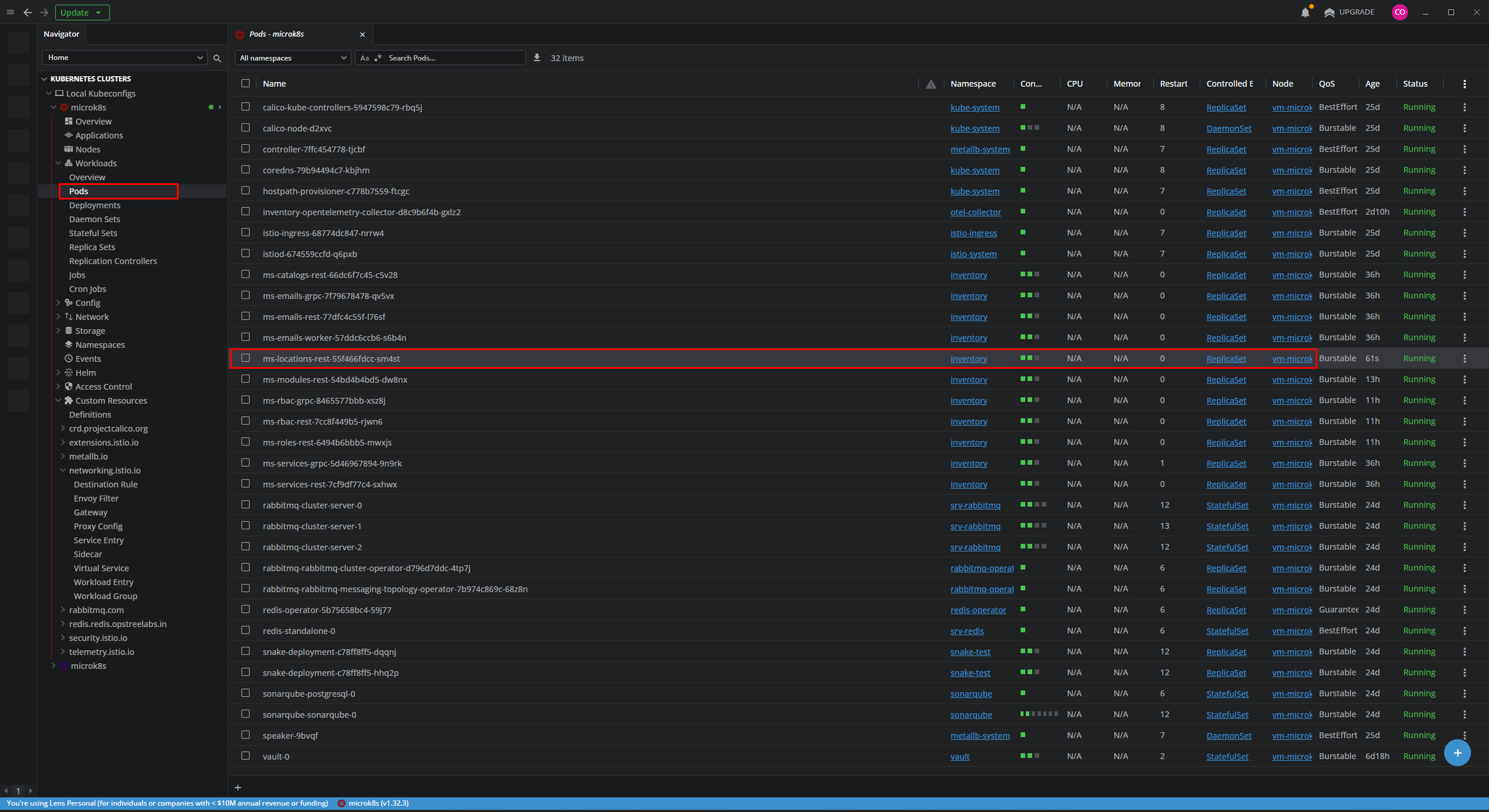 Verificando el pod de ms-locations en Lens