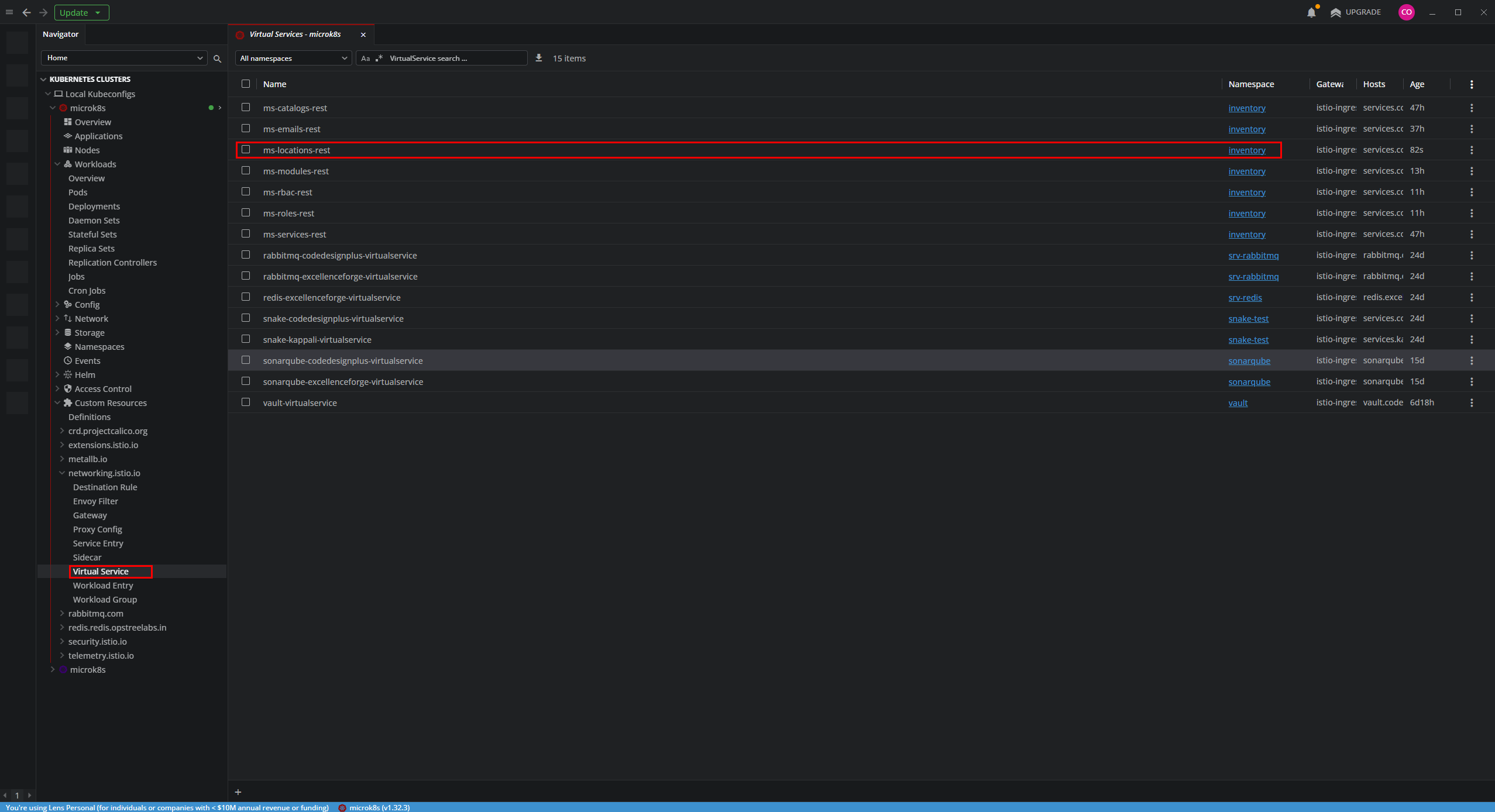 Verificando el VirtualService de ms-locations en Lens