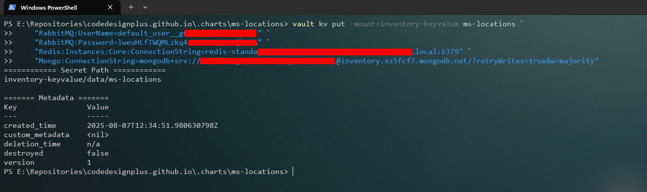 Creando los secretos para ms-locations en Vault