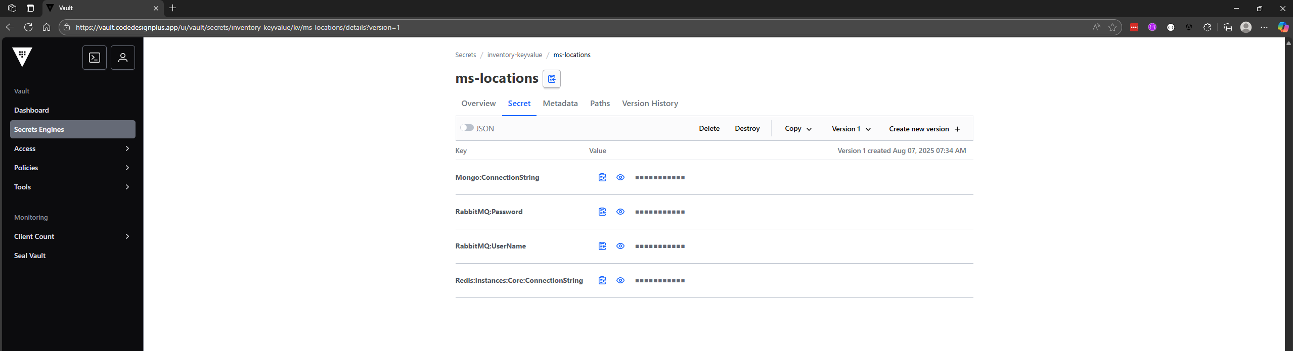 Verificando los secretos de ms-locations en la UI de Vault