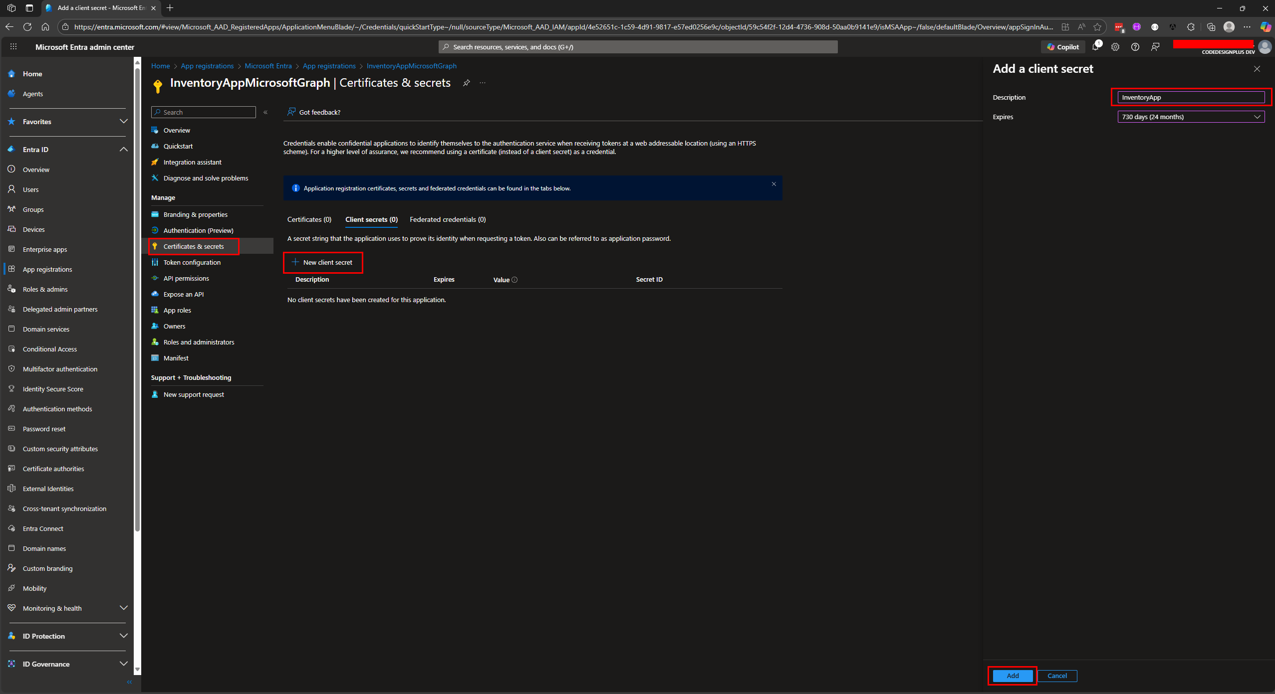 Creando un nuevo secreto de cliente