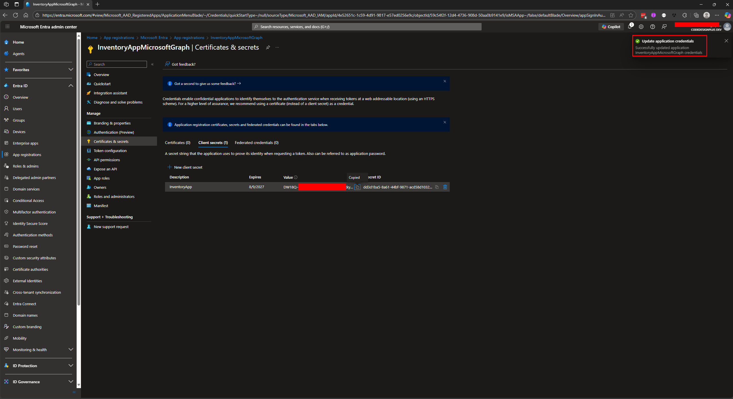 Copiando el valor del secreto de cliente