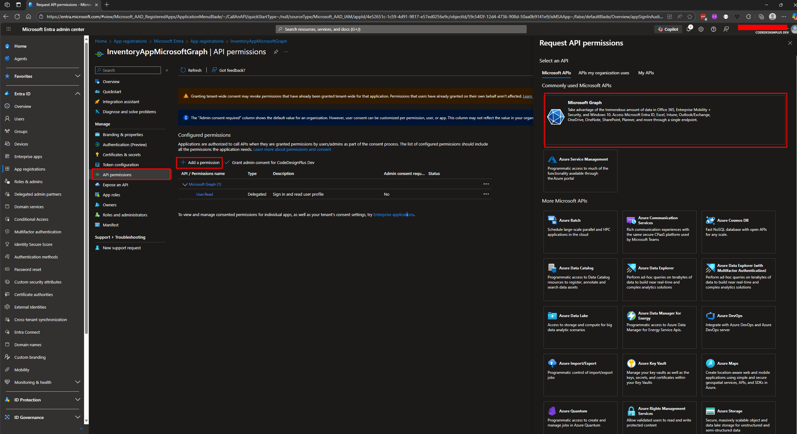 Añadiendo permisos de Microsoft Graph