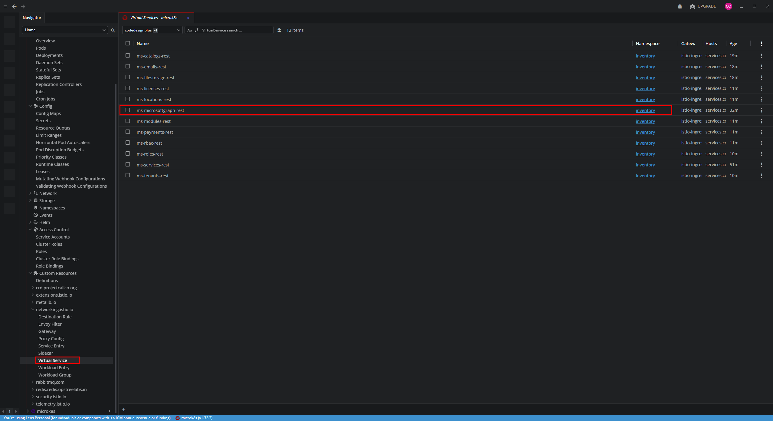 Verificando el VirtualService de ms-microsoftgraph en Lens