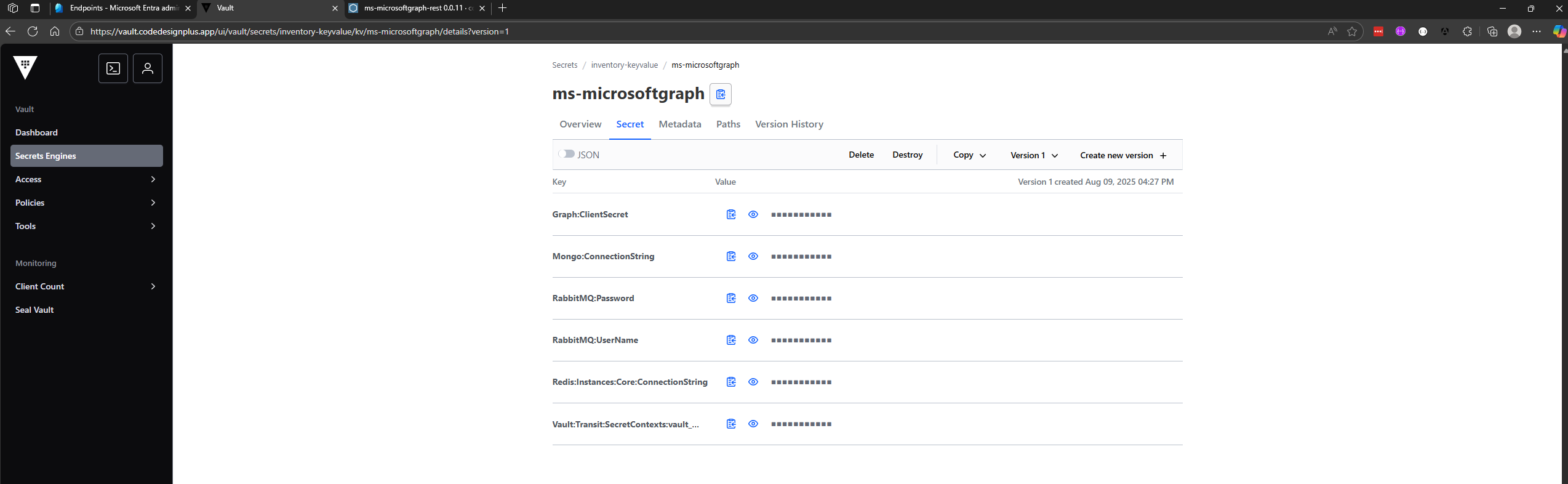 Verificando los secretos de ms-microsoftgraph en la UI de Vault