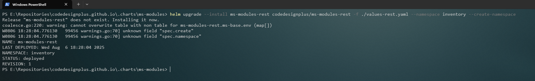 Instalando el Helm chart de ms-modules-rest