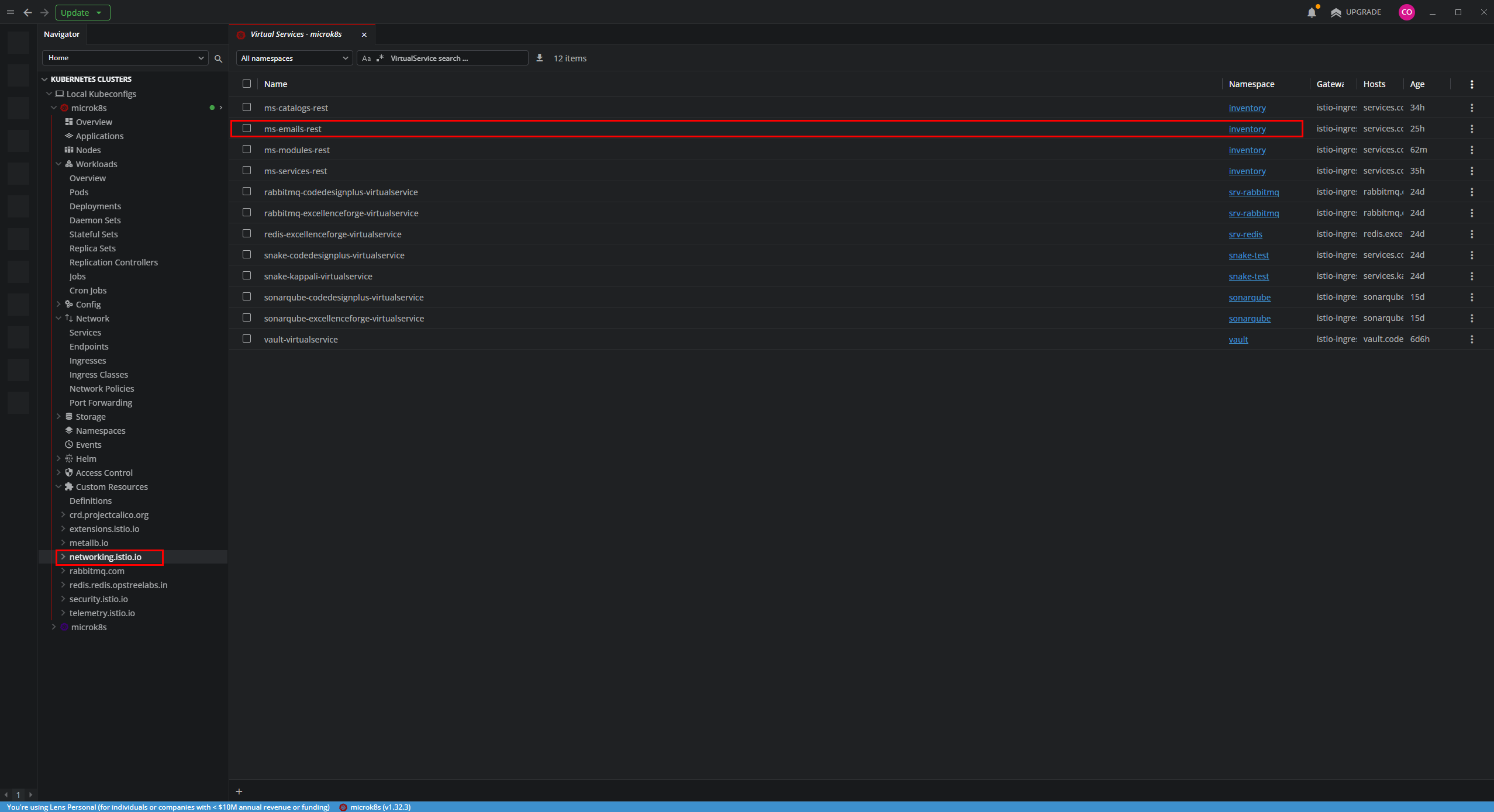 Verificando el VirtualService de ms-modules en Lens