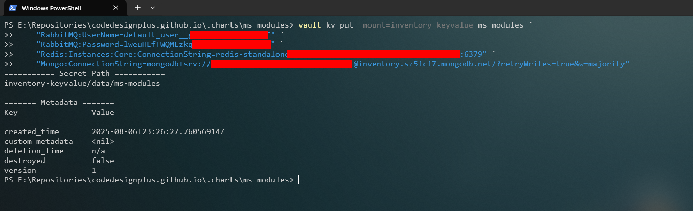 Creando los secretos para ms-modules en Vault