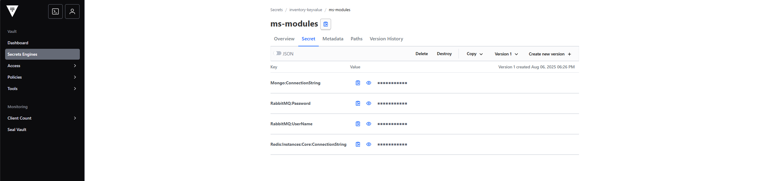Verificando los secretos de ms-modules en la UI de Vault