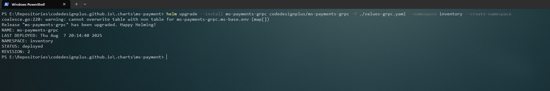 Instalando el Helm chart de ms-payments-grpc