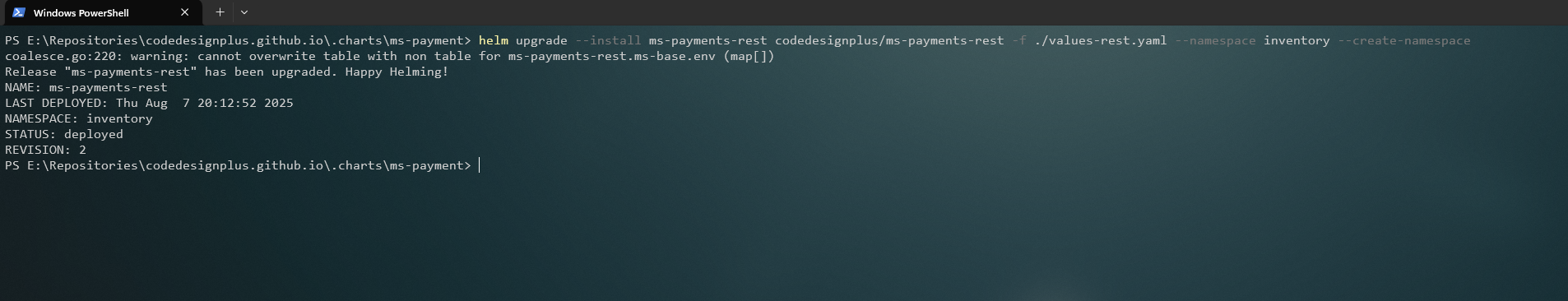 Instalando el Helm chart de ms-payments-rest