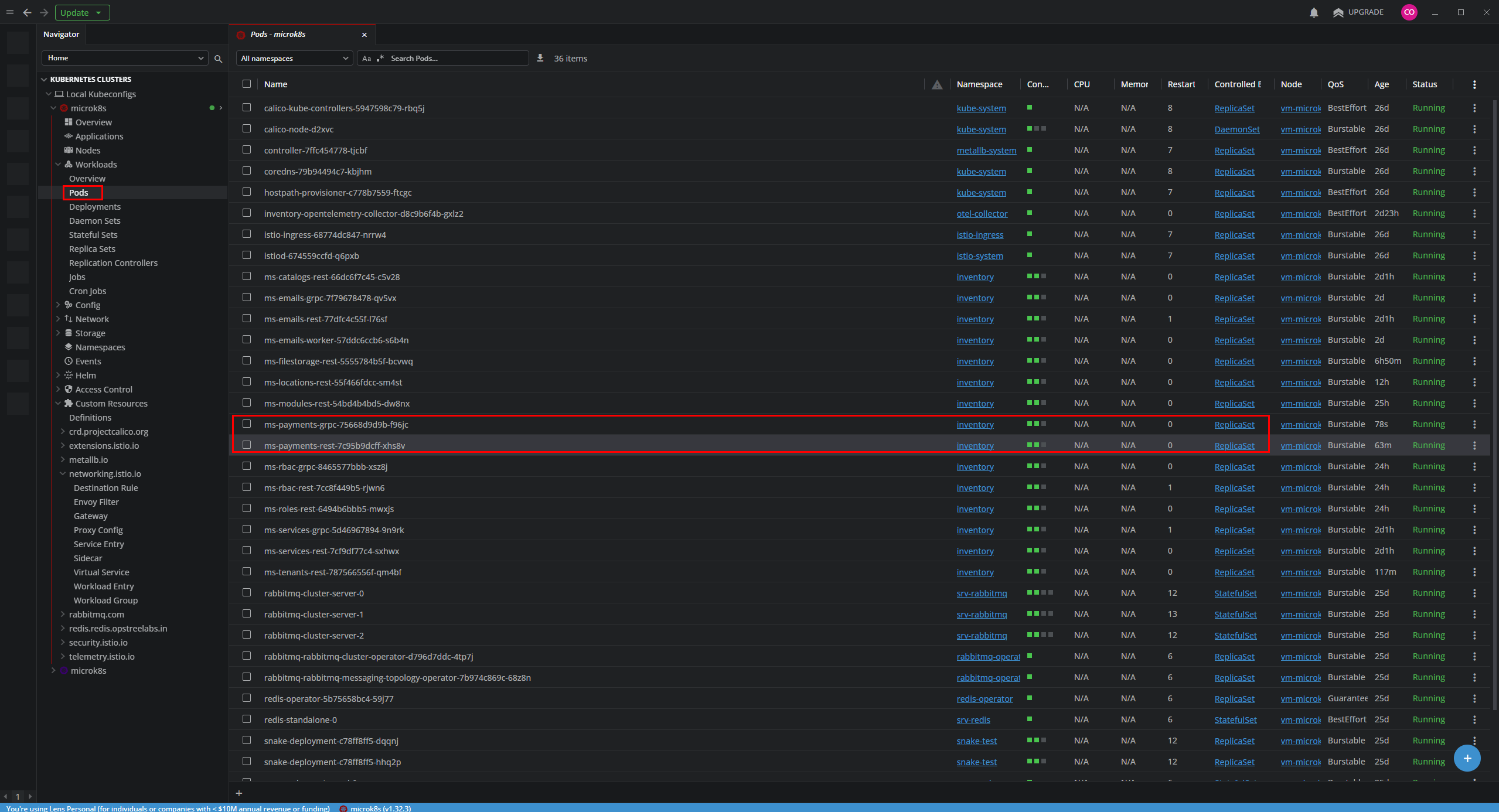 Verificando los pods de ms-payments en Lens