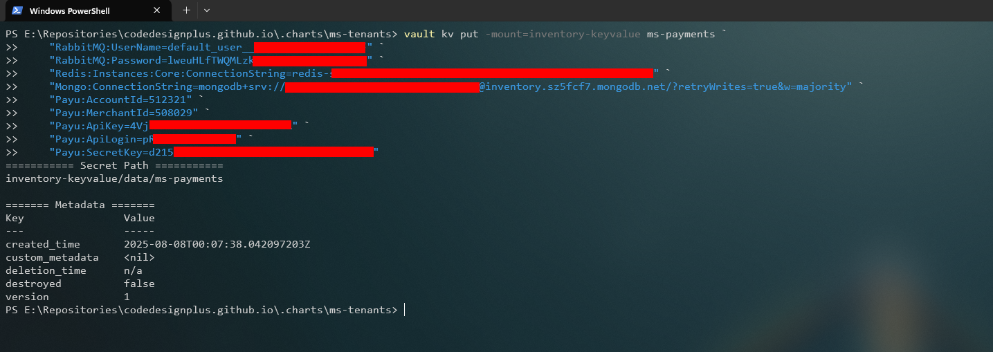 Creando los secretos para ms-payments en Vault