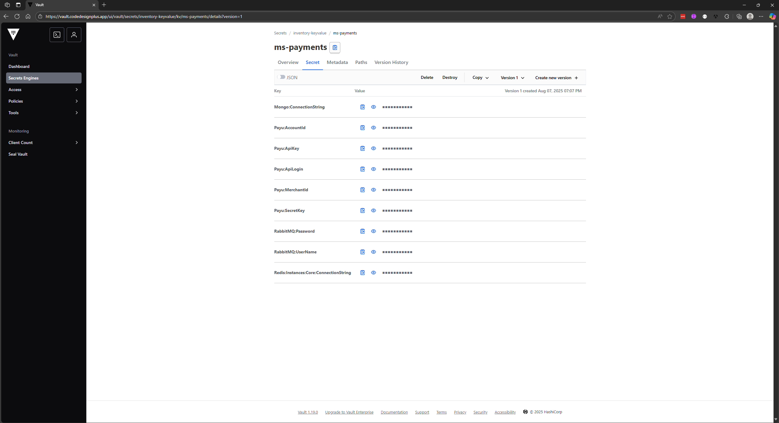 Verificando los secretos de ms-payments en la UI de Vault