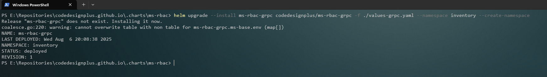 Instalando el Helm chart de ms-rbac-grpc