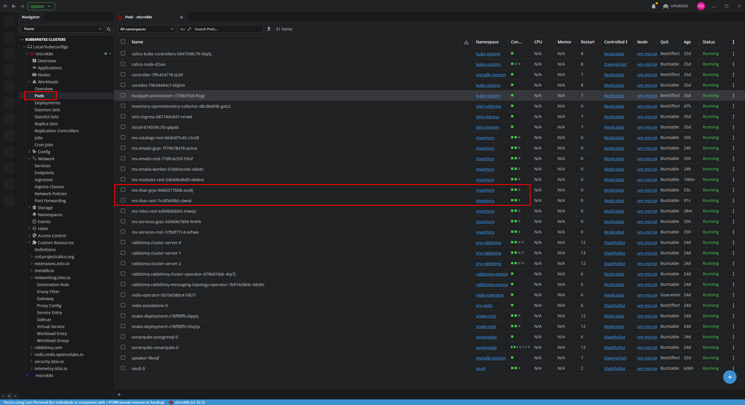 Verificando los pods de ms-rbac en Lens