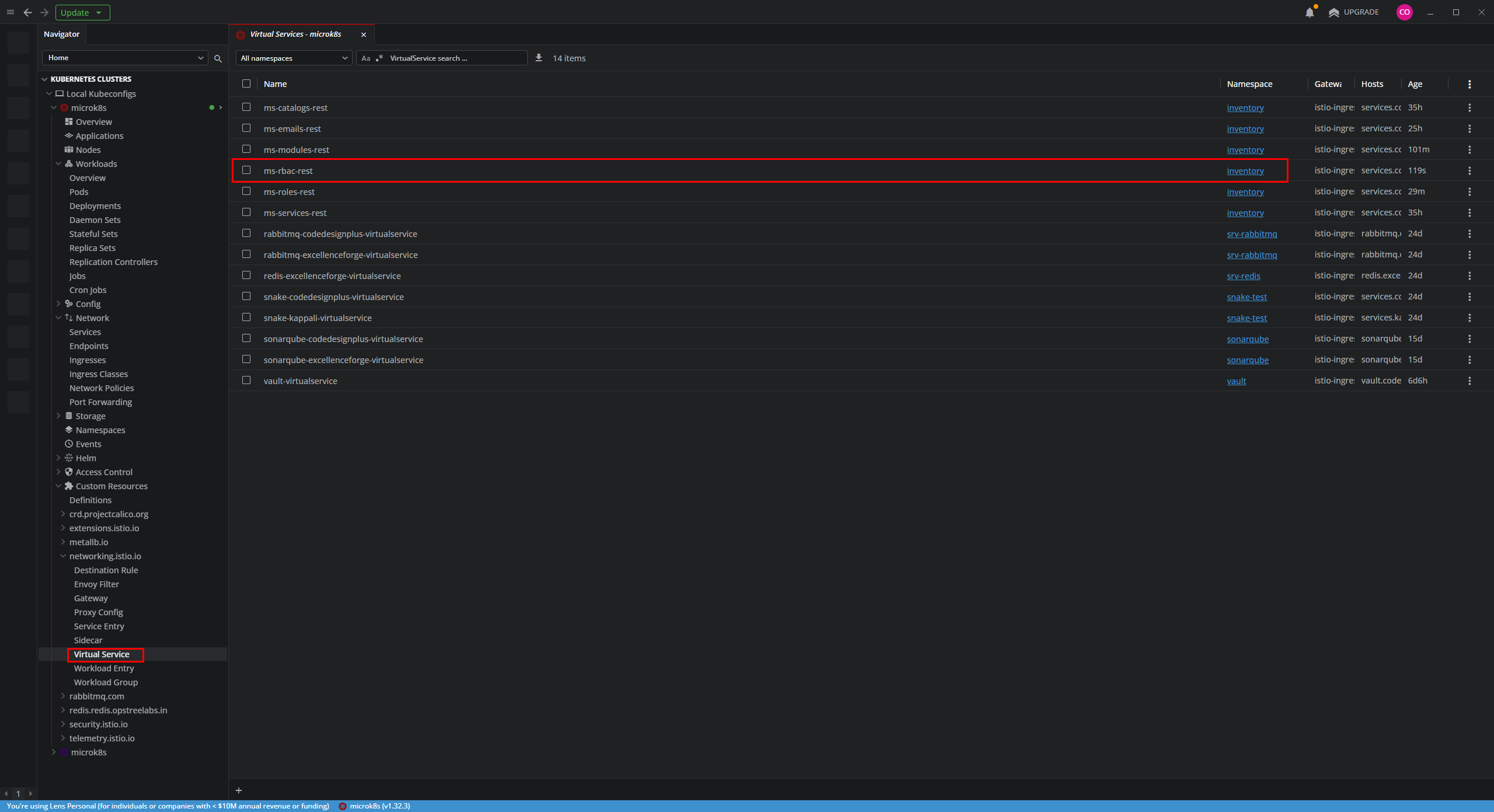 Verificando el VirtualService de ms-rbac en Lens