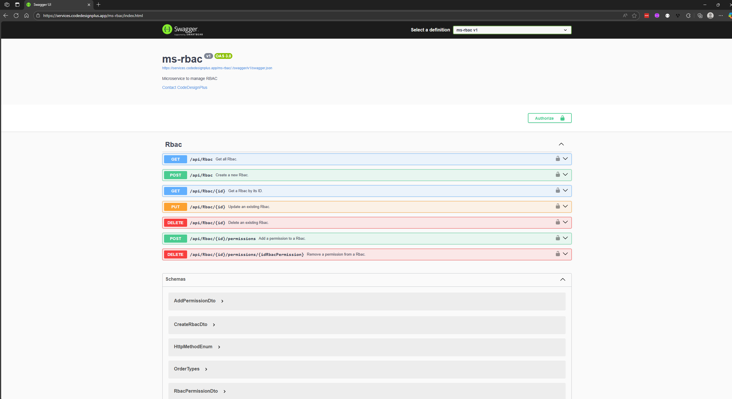 Visualizando Swagger UI de ms-rbac-rest