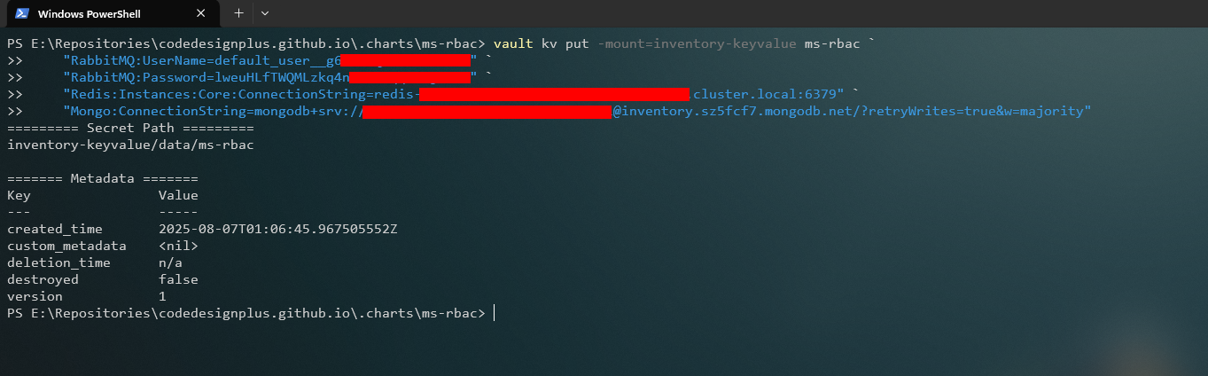 Creando los secretos para ms-rbac en Vault