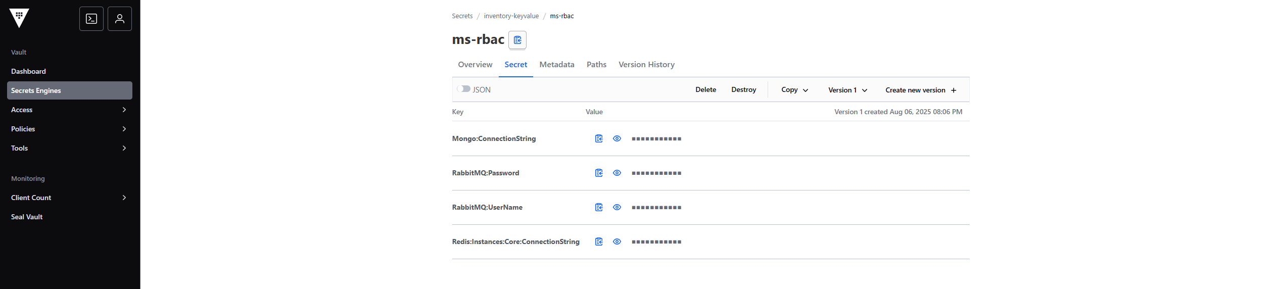 Verificando los secretos de ms-rbac en la UI de Vault