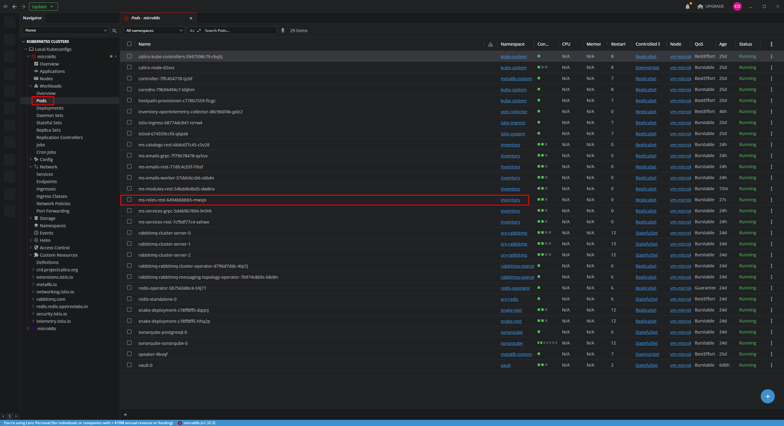 Verificando el pod de ms-roles en Lens