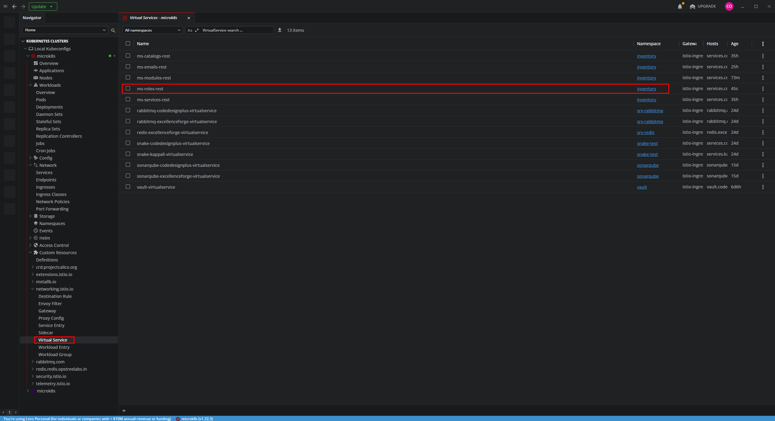 Verificando el VirtualService de ms-roles en Lens