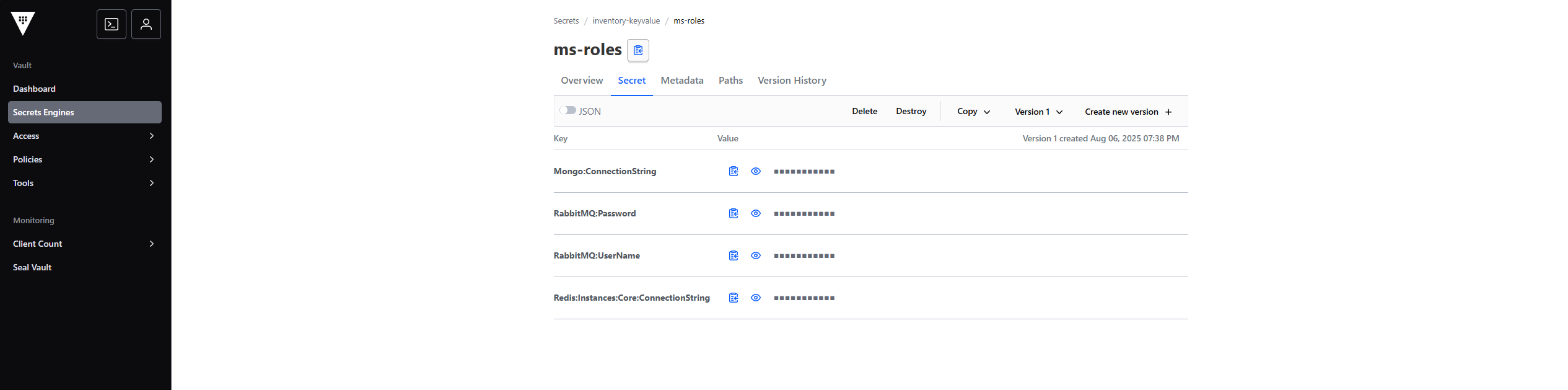 Verificando los secretos de ms-roles en la UI de Vault
