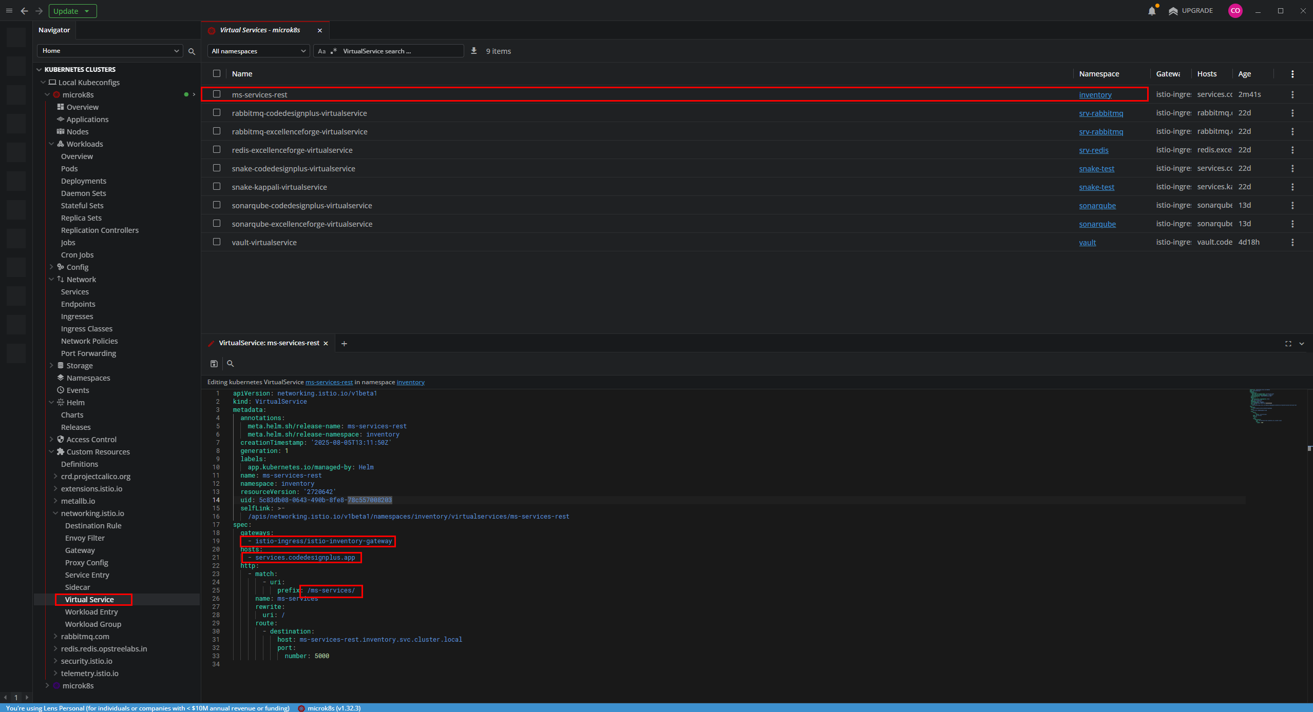 Verificando el VirtualService de ms-services en Lens
