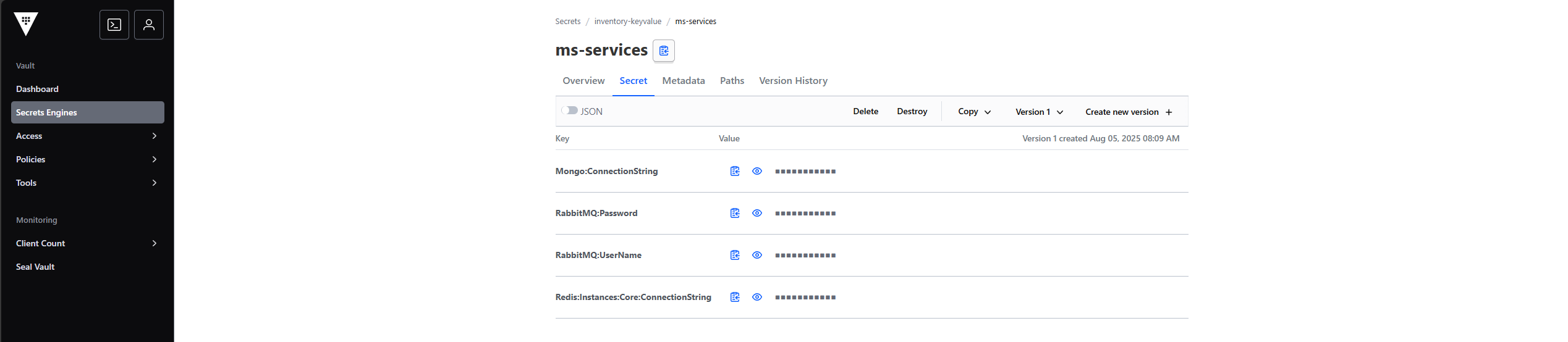 Verificando los secretos de ms-services en Vault