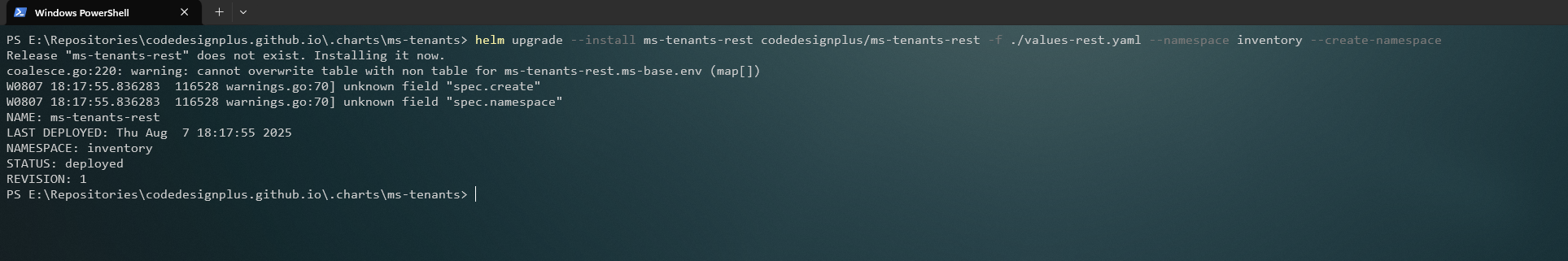 Instalando el Helm chart de ms-tenants-rest