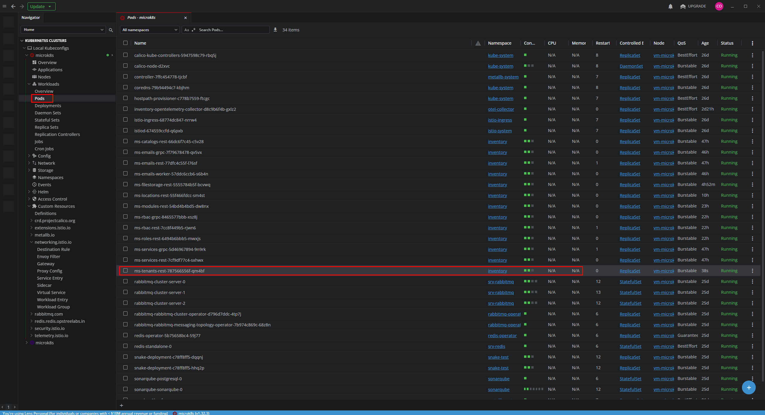 Verificando el pod de ms-tenants en Lens