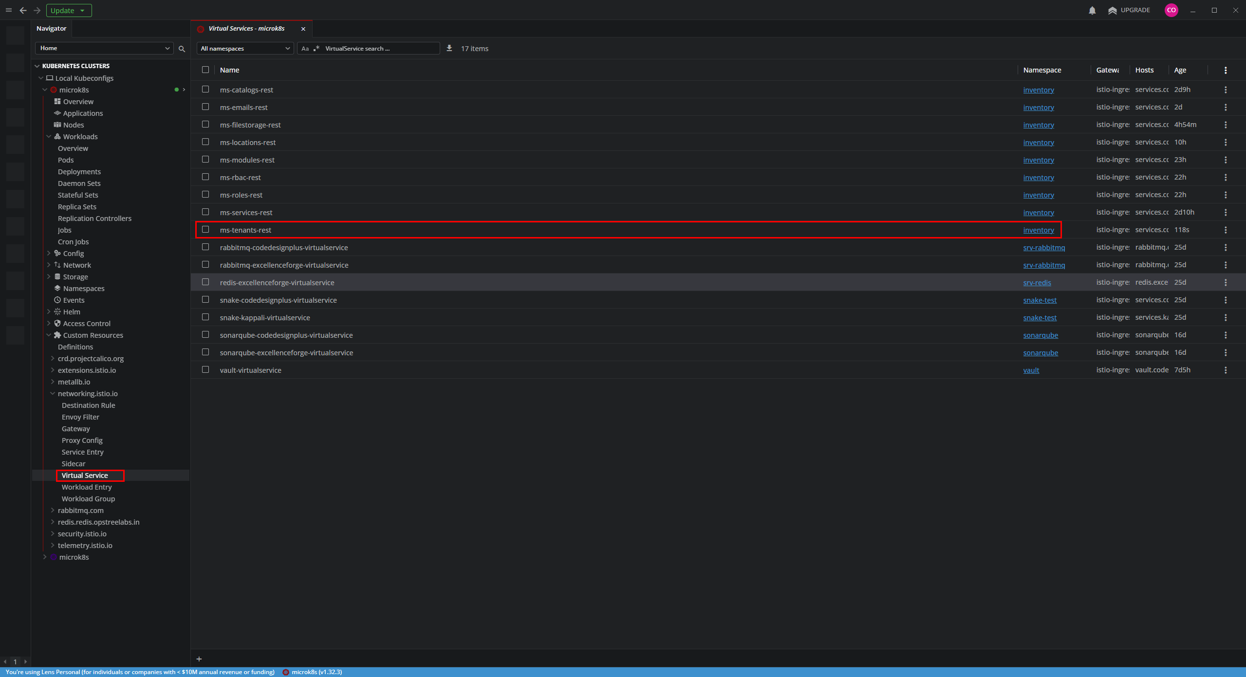 Verificando el VirtualService de ms-tenants en Lens