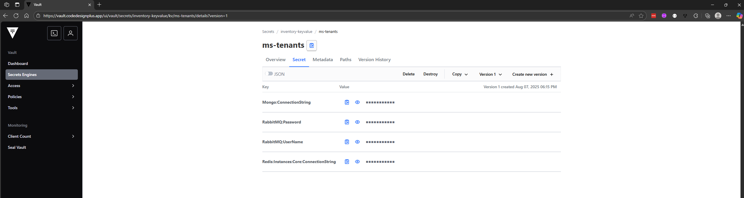 Verificando los secretos de ms-tenants en la UI de Vault