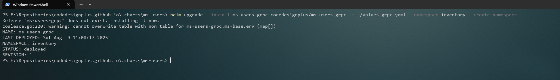 Instalando el Helm chart de ms-users-grpc
